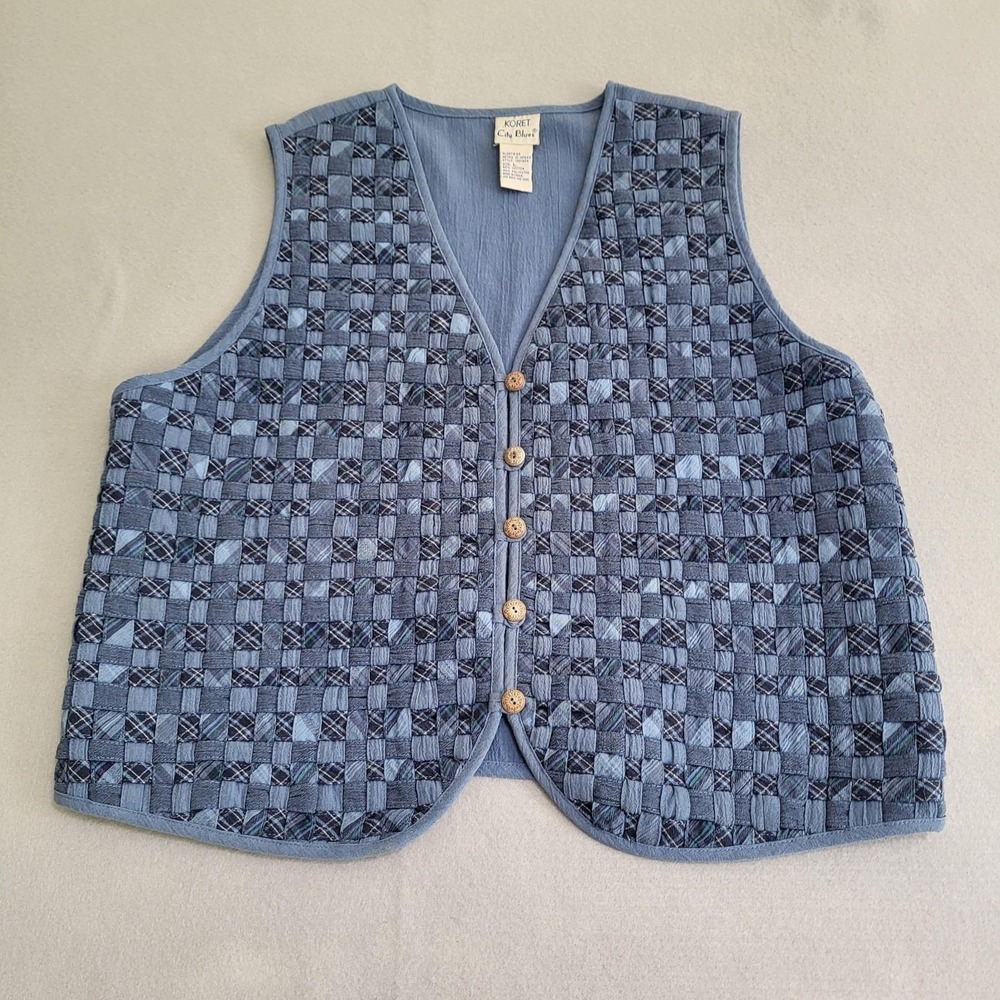VTG Koret City Blues Blue Woven Lattice Basket Weave Vest Waistcoat Women's L